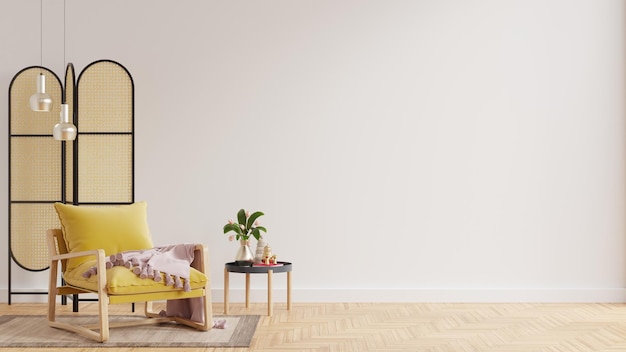 Projekt wnętrz salonu z żółtym fotelem na pustym białym wall.3D renderowania