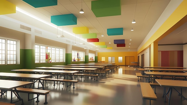 Projekt wnętrz szkolnego korytarza klasowego i stołówki generatywnej ai