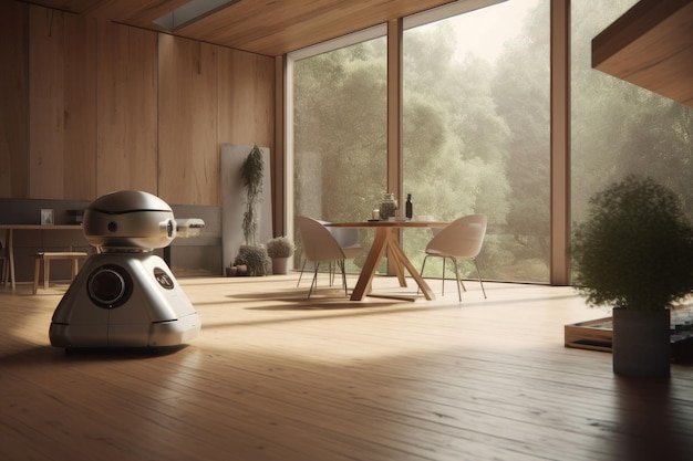 Projekt wnętrz w pełni zautomatyzowanego domu z asystentem robota Ilustracja Generative AI