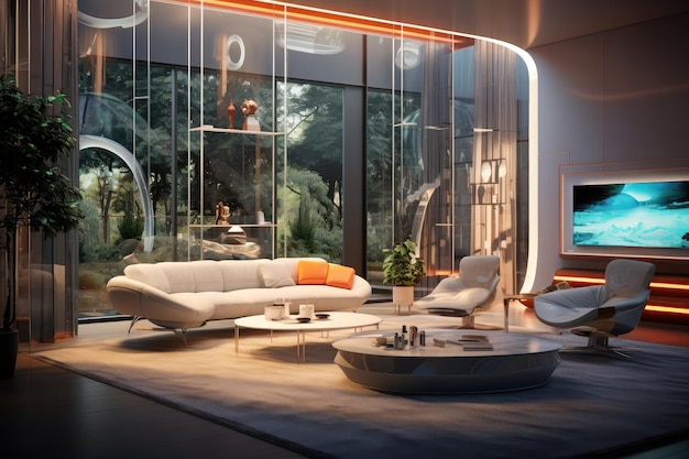 Projekt wnętrza domu 3D z efektem cyfrowego hologramu skrupulatnie łączy rzeczywiste i wirtualne elementy nowoczesna i innowacyjna przestrzeń mieszkalna