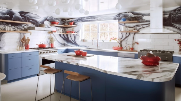 Projekt wnętrza kolorowej nowoczesnej kuchni z niebieskim blatem i piękną ścianą Generative AI AIG27