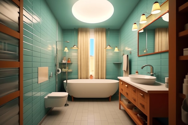 Zdjęcie projekt wnętrza ładnej nowoczesnej łazienki 3d renderowanie nowoczesnej toalety lub łazienky w hotelu lub domu