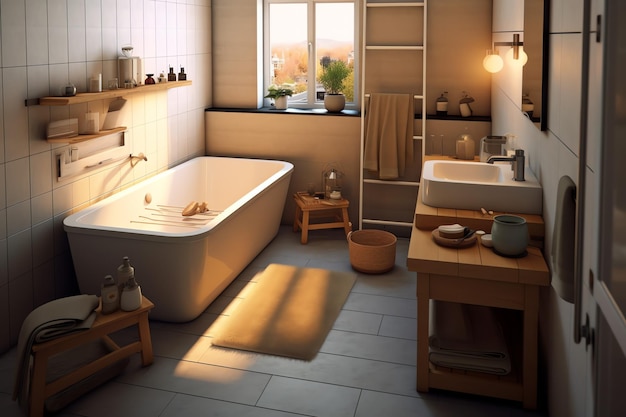 Projekt wnętrza ładnej nowoczesnej łazienki 3D renderowanie nowoczesnej toalety lub łazienky w hotelu lub domu