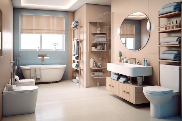 Projekt wnętrza ładnej nowoczesnej łazienki 3D renderowanie nowoczesnej toalety lub łazienky w hotelu lub domu