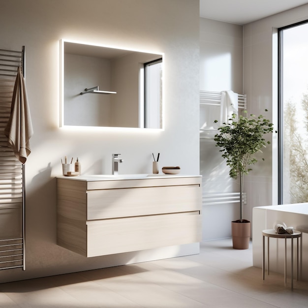 Zdjęcie projekt wnętrza luksusowej łazienki z podwójnymi umywalkami i okrągłym lustrem