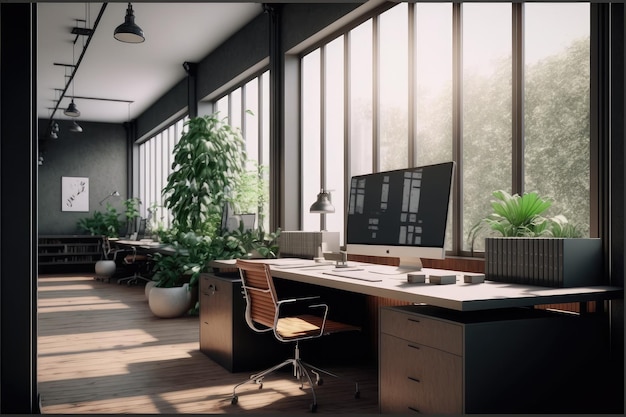 Projekt wnętrza nowoczesnego biura domowego, w tym mieszanie drewna, betonu i metalu