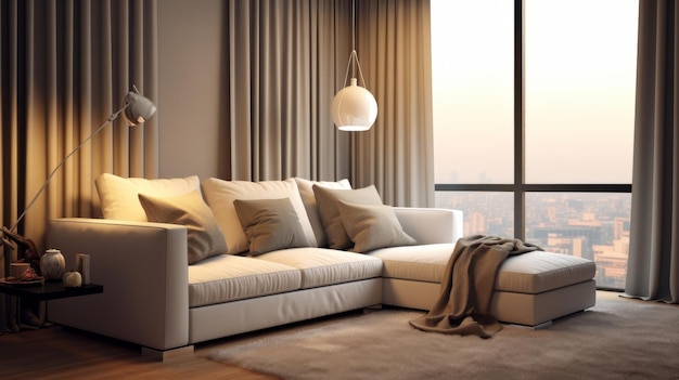 projekt wnętrza nowoczesnego salonu z beżową sofą i poduszkami z tkaniny