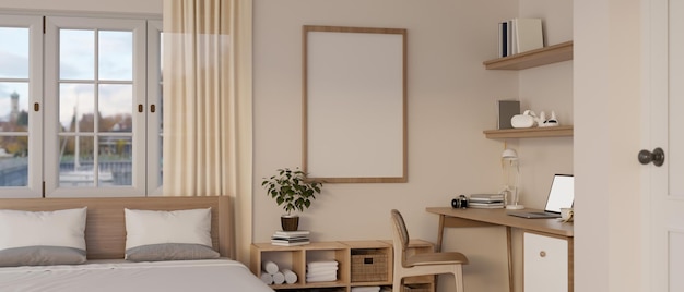 Projekt wnętrza przytulnej minimalistycznej sypialni z wygodnym łóżkiem pod oknem