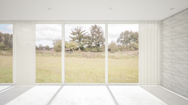 Projekt wnętrza pustego pokoju i salonu w stylu nowoczesnym z oknem lub drzwiami i podłogą z płyty chodnikowej. Renderowanie 3D
