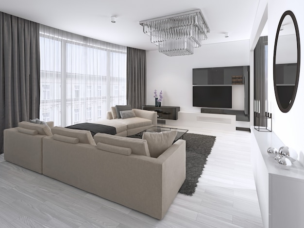 Projekt wnętrza: Salon z dużą narożną sofą i szafką RTV w nowoczesnym stylu. renderowanie 3d