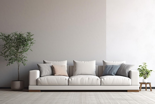 Projekt wnętrza salonu z kanapą minimalistyczna estetyka 3d renderowana