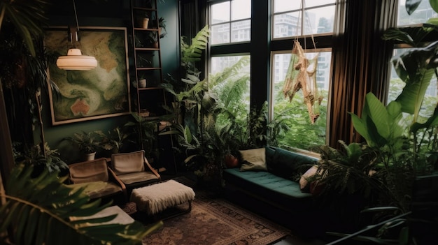 Zdjęcie projekt wnętrza salonu z mrocznymi i nastrojowymi klimatami dżungli generative ai aig27