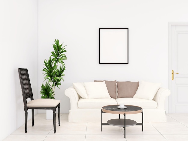 Zdjęcie projekt wnętrza salonu ze stolikiem kawowym z sofą i roślinnym renderowaniem 3d