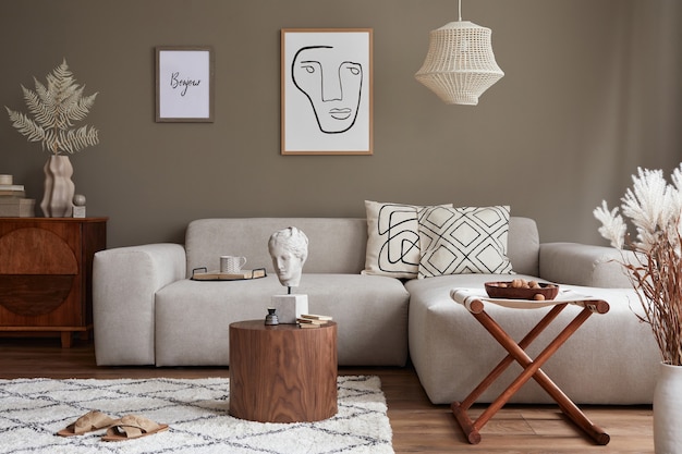 Projekt wnętrza salonu ze stylową sofą makiety plakatu i osobistych akcesoriów Szablon
