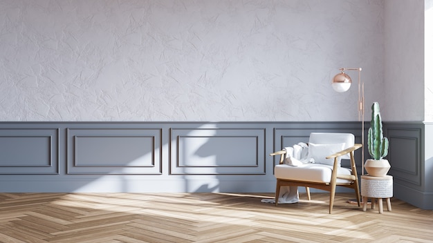 Projekt wnętrza w stylu skandynawskim, drewniane krzesło na białej ścianie z parkietową podłogą