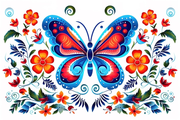 Projekt wzoru przy użyciu kolorowych motyli, kwiatów i liści Pet Animal Illustration Generative Ai