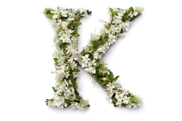 Projekt z elegancką literą K wykonany z delikatnych białych kwiatów na nieskazitelnie białym tle AI Generated