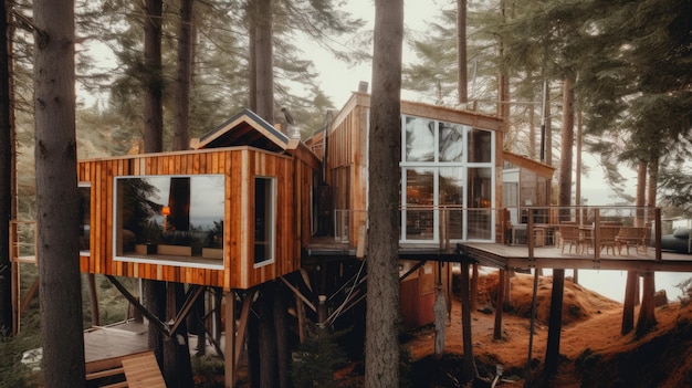 Projekt zewnętrzny nowoczesnego drewnianego skandynawskiego domu na drzewie z wysokimi drzewami w lesie i widoku na jezioro Generative AI AIG30