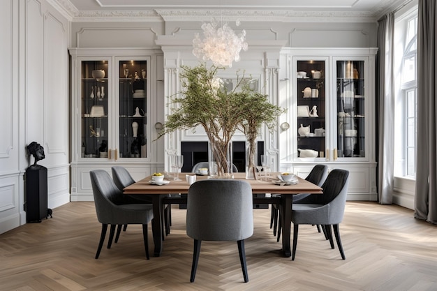 Projektancki stół jadalny w luksusowym wnętrzu z wysokimi sufitami i szafą