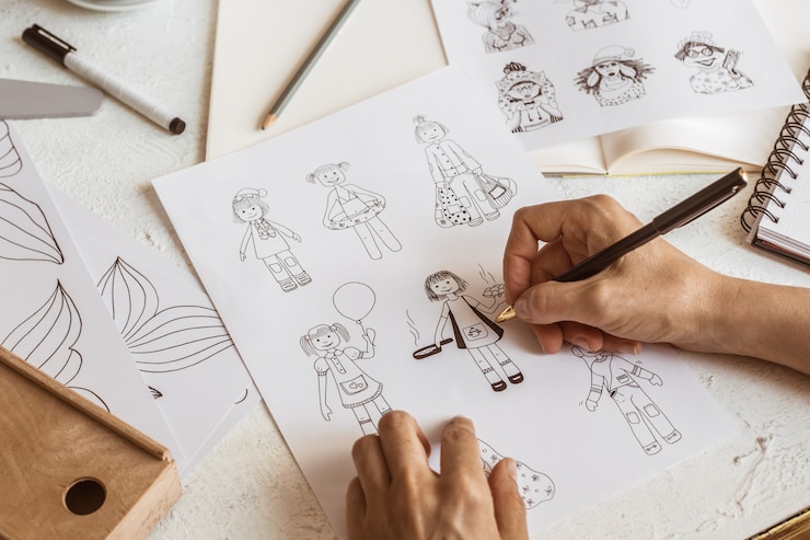 Zdjęcie projektant animatorów rysuje szkice różnych postaci.
