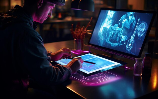 Zdjęcie projektant graficzny pracujący z interaktywnym cyfrowym tabletem rysunkowym z ekranem piórkowym