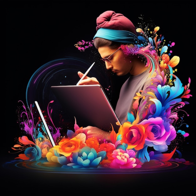 Zdjęcie projektant graficzny tworzy żywe logo na płaskiej ilustracji cyfrowego tabletu