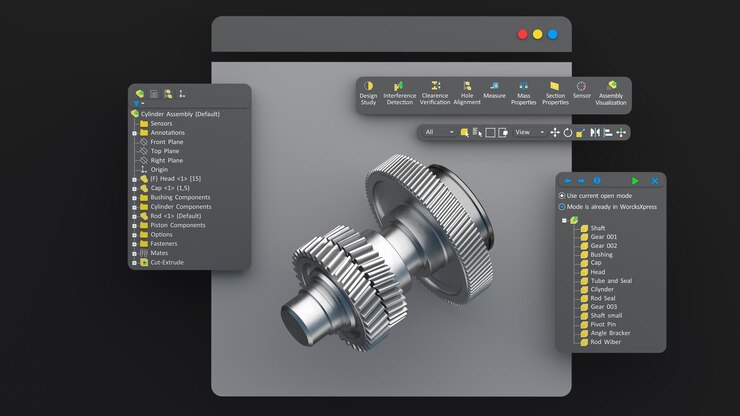 Zdjęcie projektant inżynierii projektuje model oprogramowania cad 3d. renderowanie 3d ekranu komputera produkcji cyfrowej.