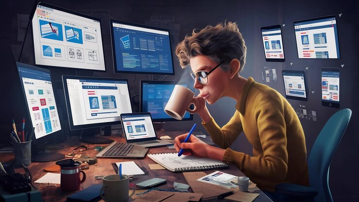 Zdjęcie projektant stron internetowych pracuje nad responsywnym projektem wszystkie grafiki są wymyślone