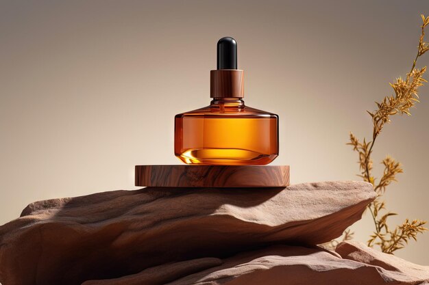 Projektowanie i branding naturalnego produktu kosmetycznego w butelce ze szkła oranżowego na drewnianym podium