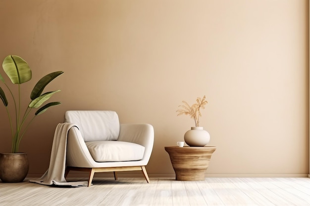 Projektowanie wnętrz ciepła neutralna makieta ściany wewnętrznej w miękkim minimalistycznym salonie z zaokrąglonym beżowym fotelem drewnianym stolikiem i liściem palmowym w wazonie stworzyła generatywną ai