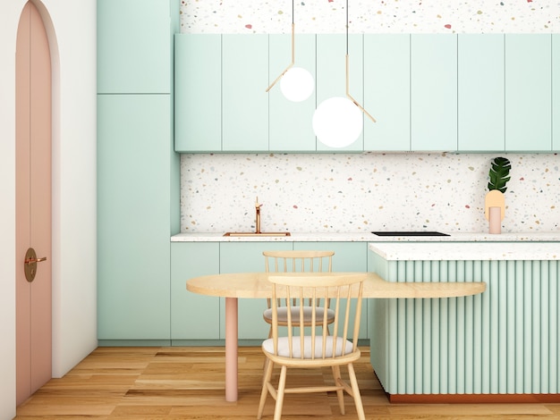 Zdjęcie projektowanie wnętrz kuchni w nowoczesnym stylurenderowanie 3dilustracja 3d