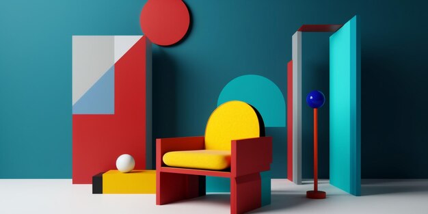 Projektowanie wnętrz pokój sofa żółta strona główna sztuka geometryczna memphis fotel kolorowy Generative AI