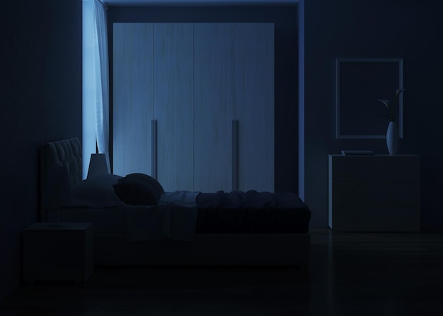 Projektowanie wnętrz sypialni. Oświetlenie nocne. Renderowanie 3D.