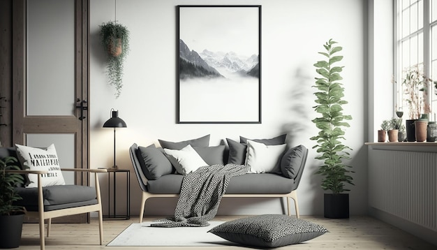 Projektowanie wnętrz w stylu skandynawskim z makietą małego plakatu Przytulna i minimalistyczna przestrzeń