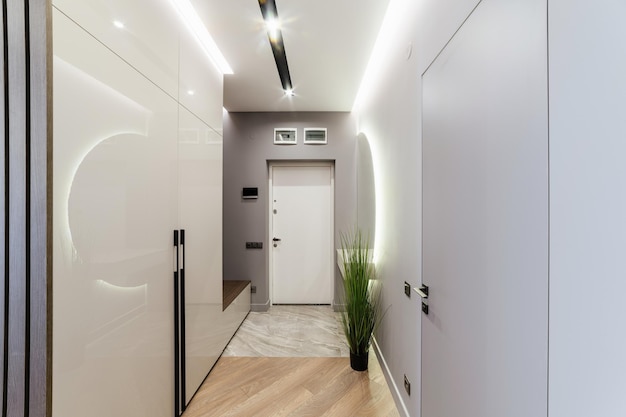 projektowanie wnętrza domu z białymi drzwiami, szafą i rośliną