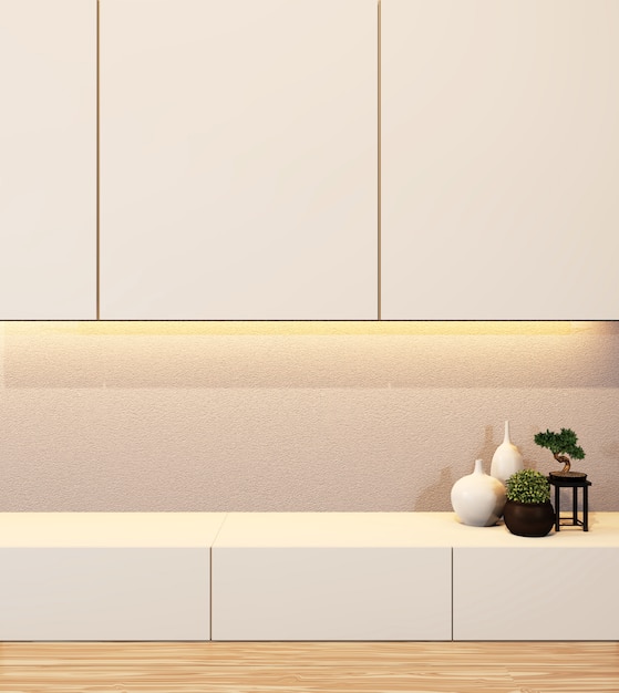 Projektuje Gabinetowej półki drewniany japoński styl na Pustym pokoju minimalnym renderingu 3D