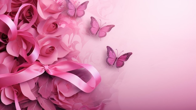 Zdjęcie projekty koncepcji światowego miesiąca świadomości raka piersi różowa wstążka z dekoracją w kształcie motyla