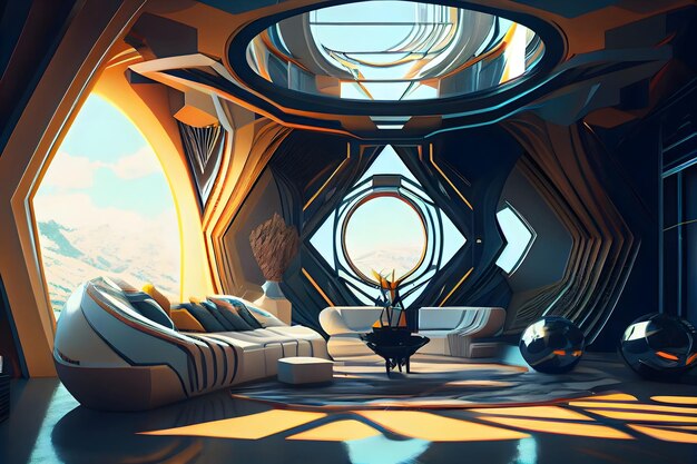Projekty wnętrz pokoju Scifi Cyber Scifi futurystyczny dom wewnątrz pięknego kształtu Ai generatywnego