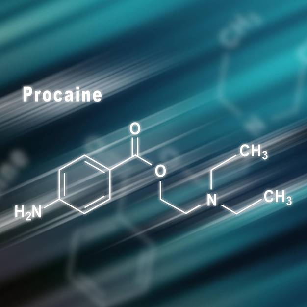 Prokaina, lek znieczulający, futurystyczne tło strukturalne wzoru chemicznego