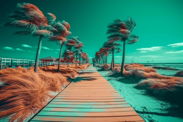 Promenada Słonecznego Brzegu z palmami w stylu retro Generacyjna AI