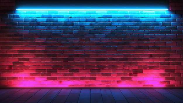 Promienie neonowego światła na pustą scenę z ceglanego muru neonowego
