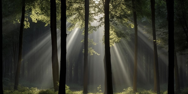 Promienie słońca przez drzewa w lesie
