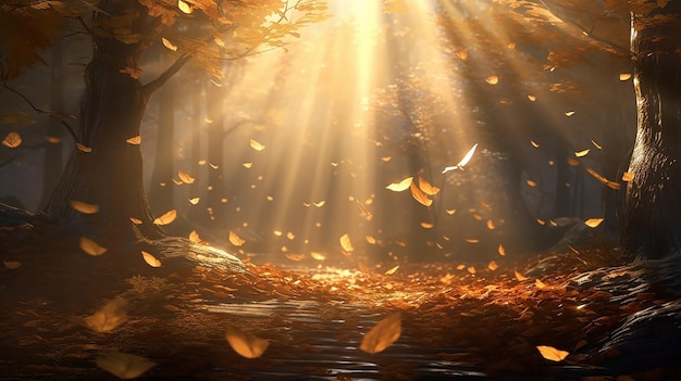 promienie słońca spadek liści jesień tło krajobraz złoty upadek