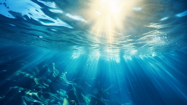 promienie słoneczne pod pomarszczoną powierzchnią wody oceanu ze światłem słonecznym