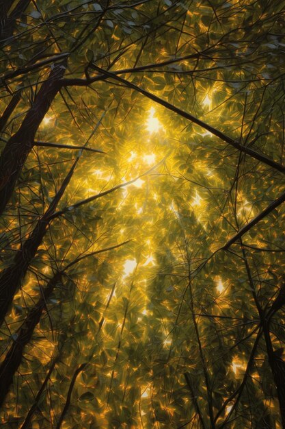 Zdjęcie promienie słoneczne przebijające się przez baldachim liści utworzony za pomocą generatywnej sztucznej inteligencji