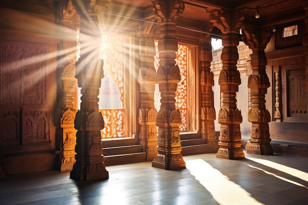 Promienie słoneczne wpadające przez okna świątyni hinduskiej rzucają ciepłe światło na wnętrze