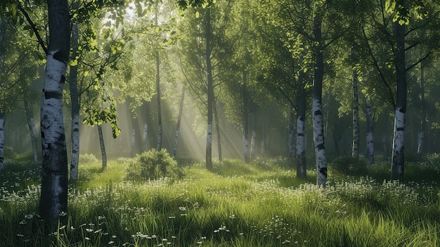 promienie światła w głębokim lesie drzewa ścieżka zieleni słońce kwitnąca natura gęstość taiga oczyszczanie drewna palnego krawędź igły sosnowe pole gaje zwierzęta jagody powietrze generowane przez AI