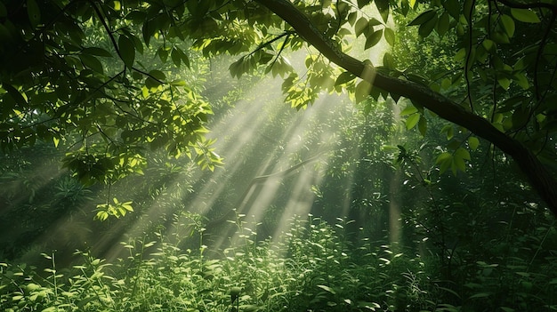 promienie światła w głębokim lesie drzewa sosno igły krzewy zwierzęta jagody stożki ścieżka zieleni słońce kwitnąca natura gęstość taiga oczyszczanie drewna opałowego krawędź generowana przez AI