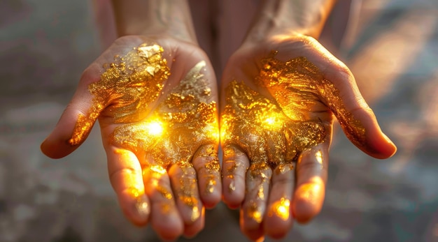 Zdjęcie promieniejący złoty błysk błyszczący w otwartych rękach o zachodzie słońca