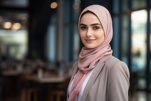 Promieniująca pięknością muzułmańska bizneswoman na rozmytym tle biura